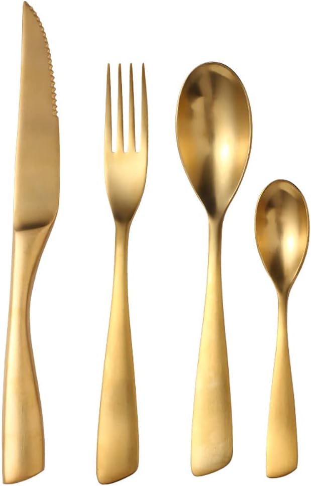 24 Piece Gold Silverware Set for 6,Modern Unique 18/10 Stainless Steel Flatware Cutlery Set, Eating Tableware Set,Vintage Luxury Style Cutlery Set for Home Restaurant Wedding Party