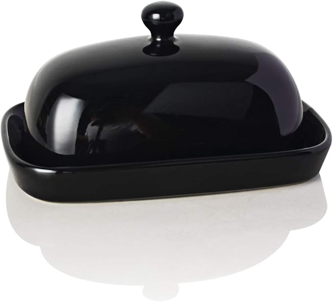 Sweejar Ceramic Butter Dish with Lid for Countertop,Porcelain Butter Keeper with Knob Handle,Butter Container for East/West Coast Butter, 7.1*3.7 inches (Black)