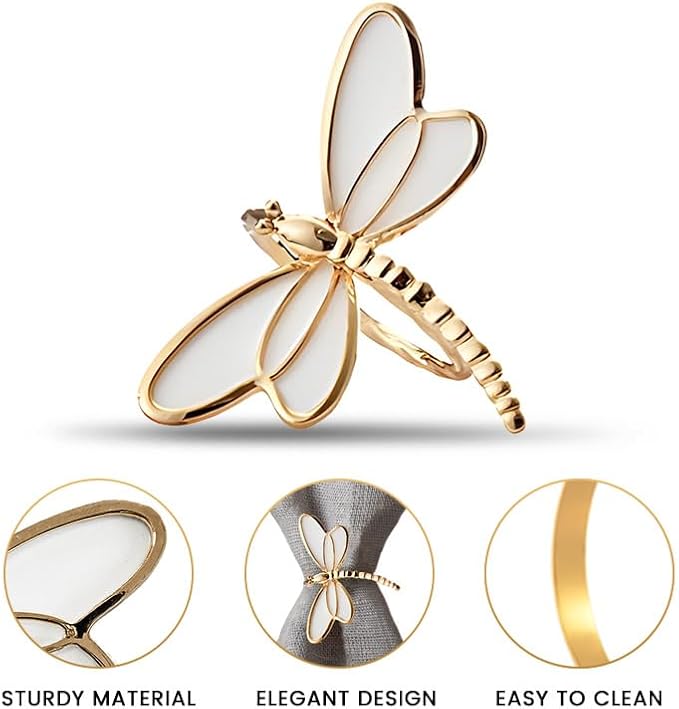 Decozen Set of 16 White Gold Napkin Rings in Dragonfly Design Festive Table Decor Setting for Holiday Wedding, Birthday, Kitchen, Home Decor Housewarming Gift - Mothers Day Decorations