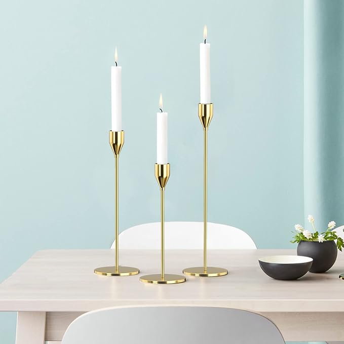 Candle Holders Set of 3 for Taper Candles, Decorative Candlestick Holder for Wedding, Dinning, Party, Fits 3/4 inch Thick Candle&Led Candles (Metal Candle Stand) (Gold)