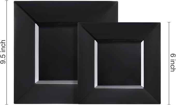 Liacere100PCS Black Plastic Plates-Premium Black Square Disposable Plates-Include 50PCS 9.5inch Dinner Plates - 50PCS 6inch Dessert Plates for Party&New Year&Halloween