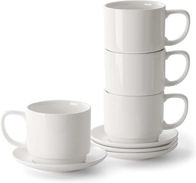 DOWAN 12oz Coffee Mugs, Cappuccino Cup and Saucer Set of 4, Tea Cups by DOWAN