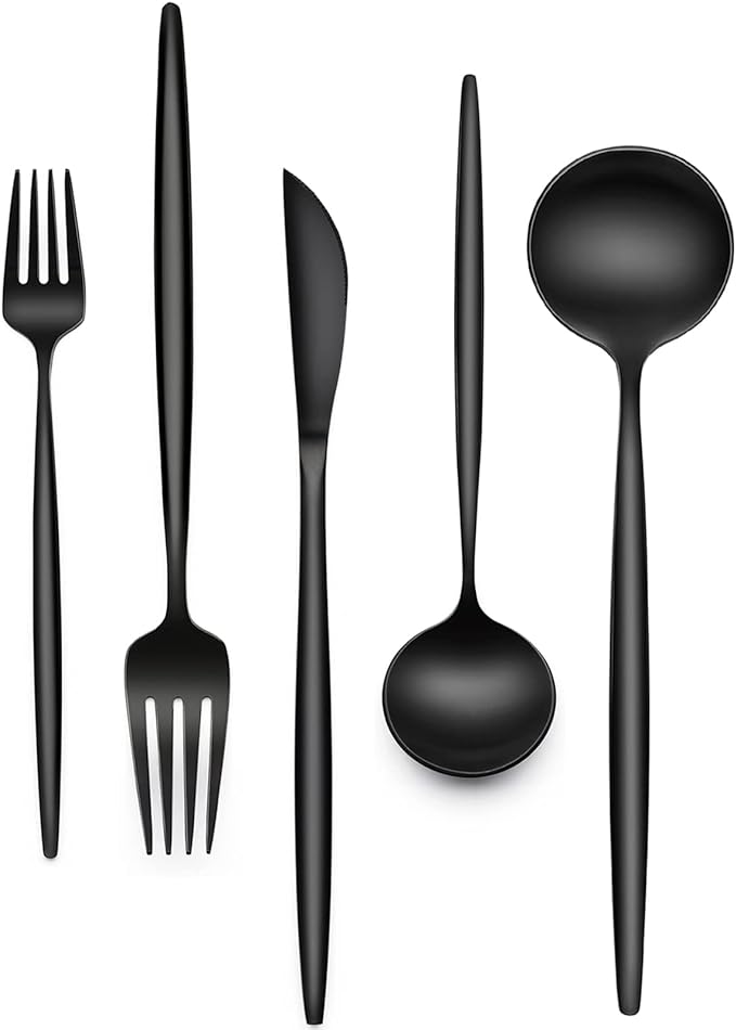 30-Piece Black Silverware Set, Flatware Set by EWFEN