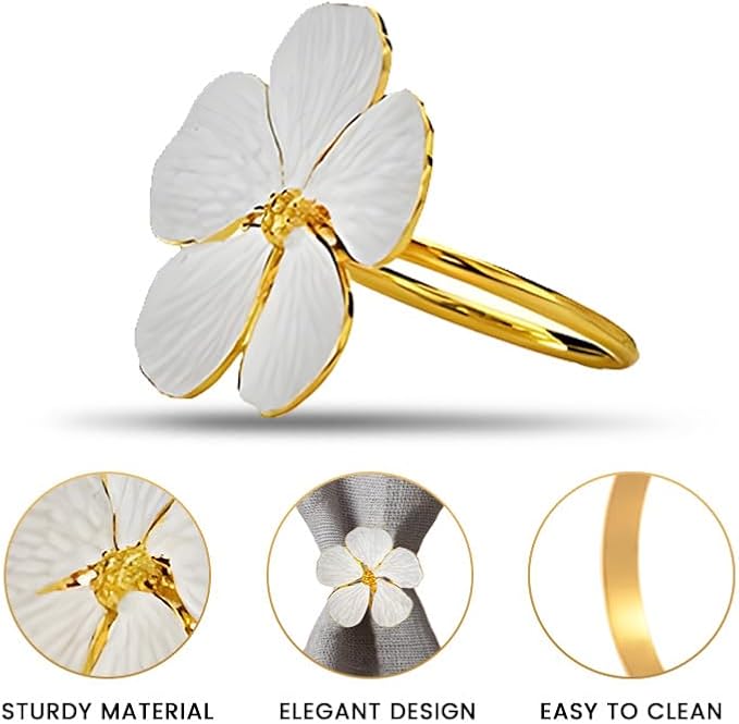 Decozen White Gold Napkin Rings Set of 12 White Gold Napkin Rings in Floral Design Festive Table Decor Setting for Holiday Wedding Birthday Kitchen Home Decor Housewarming Gift