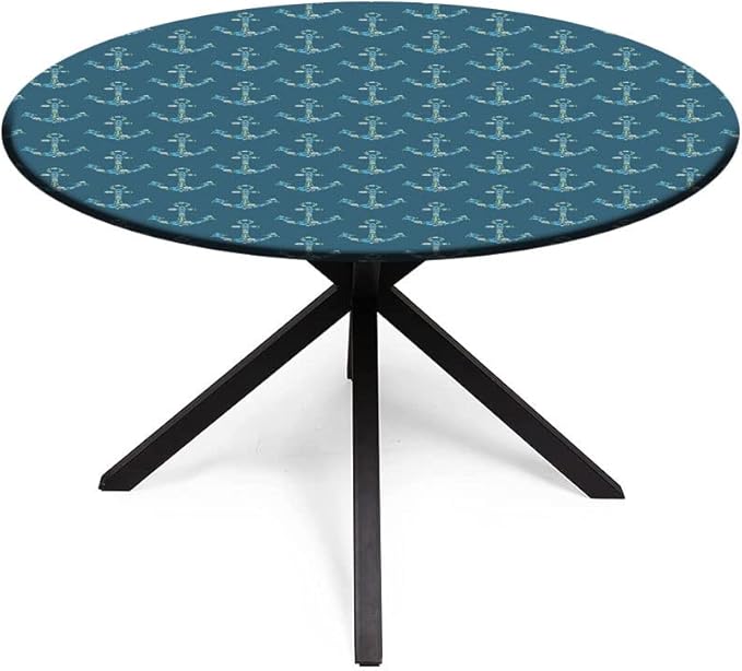Round Vinyl Fitted Tablecloth, Nautical Print Polyester Table Cloth, Anchors Maritime Theme Decor, Fit Round Tables 23inch Diameter, for Holiday Dining Table/Dinner/Party, Petrol Blue Beige