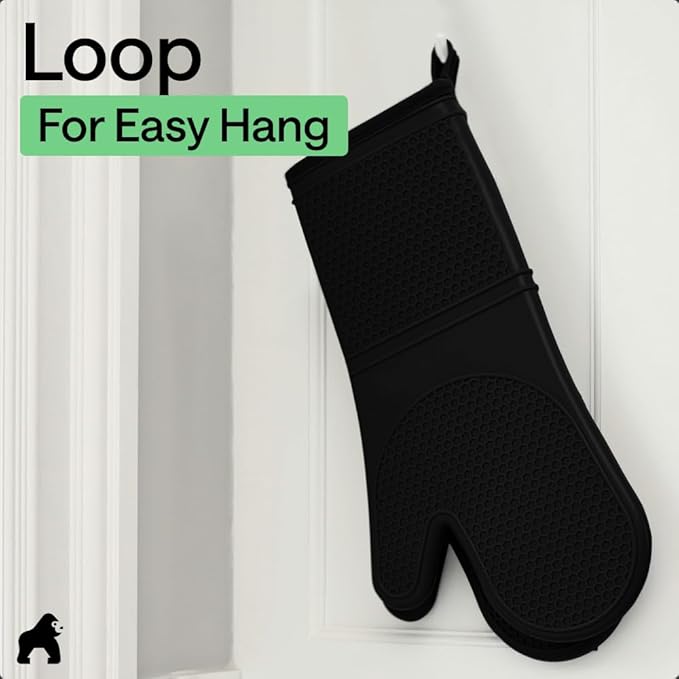 GORILLA GRIP BPA-Free Soft Silicone Oven Mitts, 14.5x8.3, Heat Resistant and Waterproof Cooking Gloves, Thick Cotton Lining, Flexible Gripping for Baking Grilling, Kitchen Potholders Set of 2, Black
