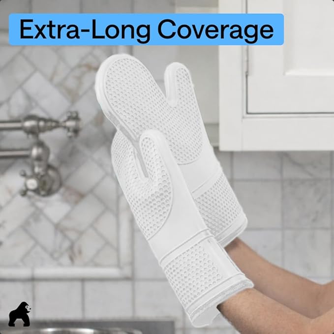 GORILLA GRIP BPA-Free Soft Silicone Oven Mitts, 14.5x8.3, Heat Resistant and Waterproof Cooking Gloves, Thick Cotton Lining, Flexible Gripping for Baking Grilling, Kitchen Potholders Set of 2, White