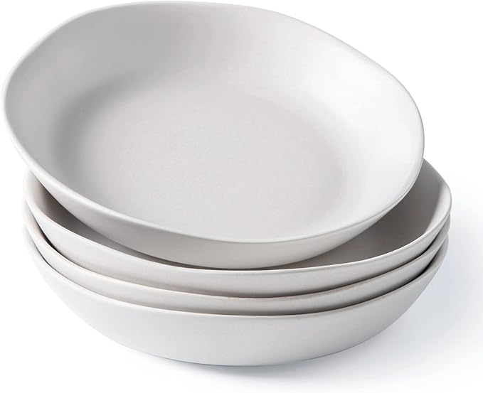 AmorArc 9.75'' Ceramic Large Pasta Bowls, 38oz Stoneware Flat Serving Bowls Set of 4, Oven,Microwave&Dishwasher Safe Bowls with Wavy Rim for Fruit Pasta Salad Meal, Matte White
