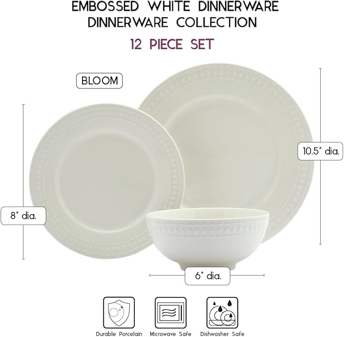 Tabletops Gallery Embossed White Porcelain Round Dinnerware - Image 5