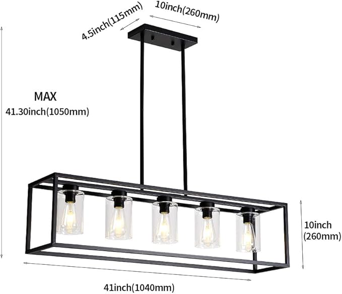 XILICON Dining Room Lighting Fixture Hanging Farmhouse Black 5 Light Modern Pendant Lighting Contemporary Chandeliers with Glass Shade for Living Dining Room Bedroom Kitchen Island