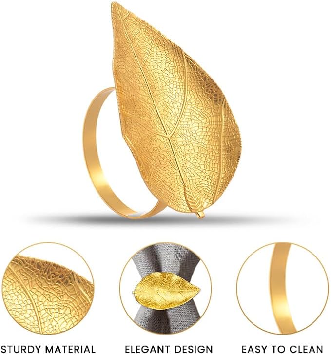 Decozen Set of 8 Gold Napkin Rings in Leaf Design, Festive, Table Decor Setting for Holiday, Wedding, Birthday, Kitchen, Home Decor, Housewarming Gift - Mothers Day Decorations