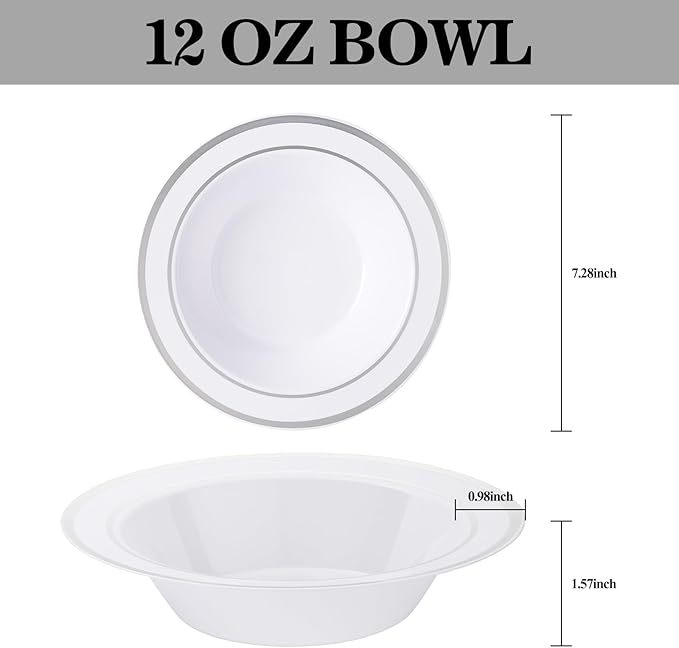 100pc Deep Bowl With White Background And Double Silver Edges, 12oz,Disposable Soup Bowls,Disposable Soup Dessert Salad Bowls for Wedding/Party/Catered Events