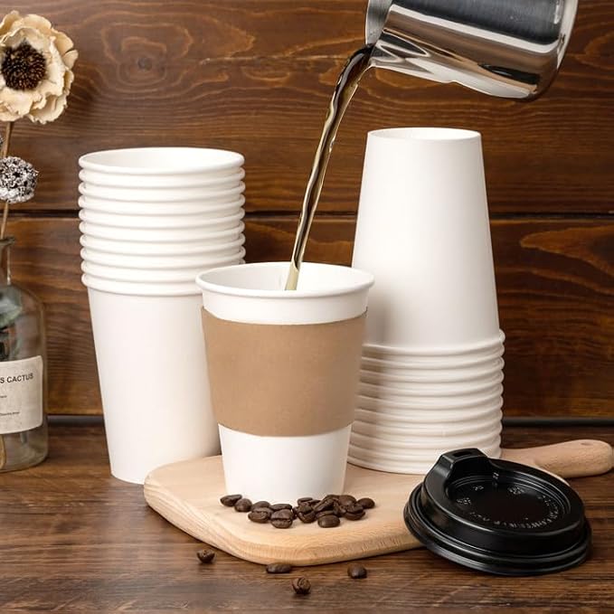 RACETOP 12 oz 100 Pack Disposable Paper Coffee Cups with Lids and Sleeves, Hot Cups, Paper Cups with Lids, Ideal for Home/Office