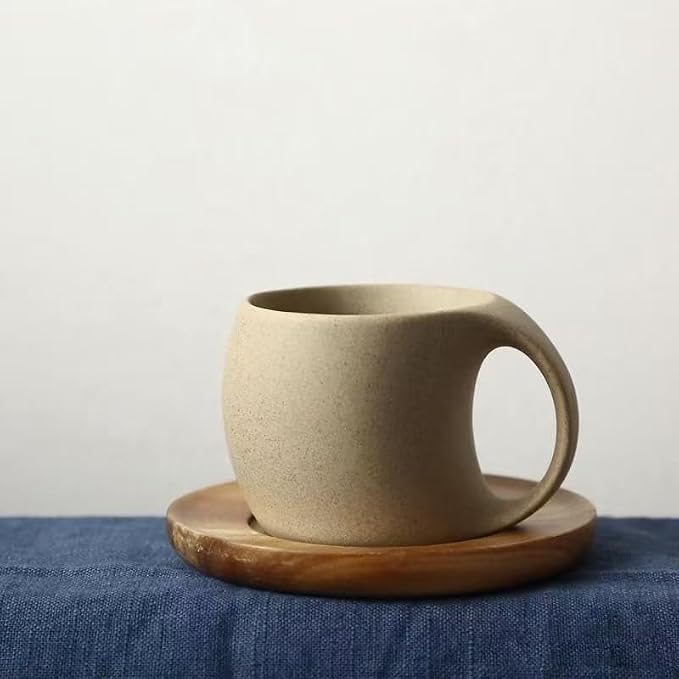 6 oz Clay Cup and Wood Saucer Set of 1, Ceramic Coffee Latte Art Mug by Unknown