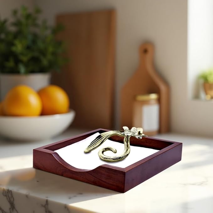 Napkin Holder - Solid Wood Brown Finish Home Decor & Kitchen Decor Table Countertop Serviette & Tissue Holder with Metal Ornament Arm in Silver Gold Finish - Indoor and Outdoor Use - Dragonfly Design