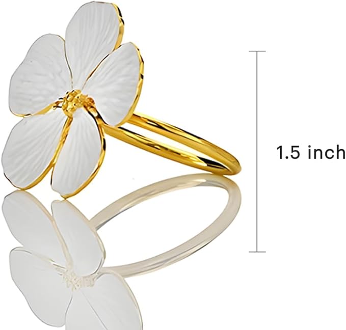 Decozen White Gold Napkin Rings Set of 8 White Gold Napkin Rings in Floral Design Festive Table Decor Setting for Holiday Wedding Birthday Kitchen Home Decor Housewarming Gift
