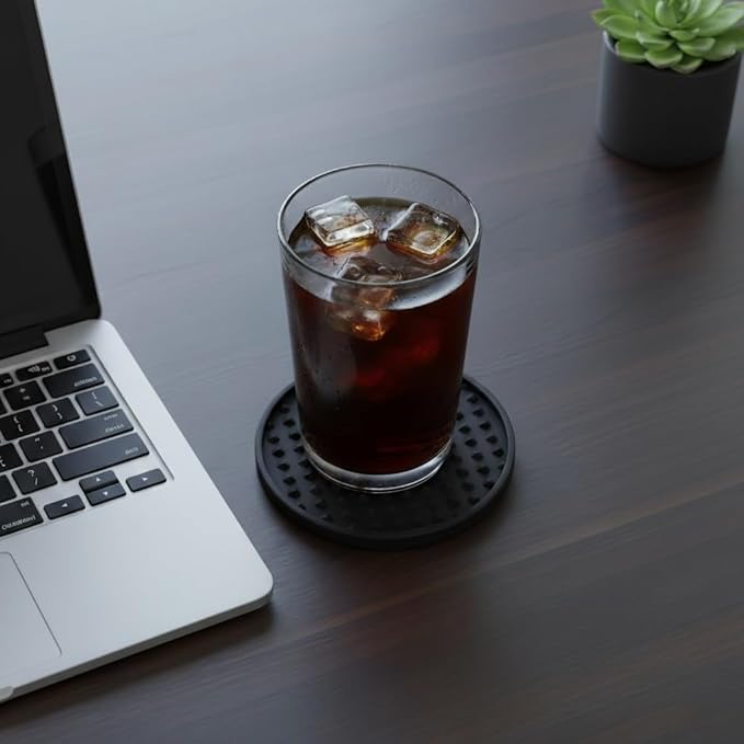 Set of 6 Silicone Coasters, 4'' Drink Coaster with Holder, Round Coasters for Drinks Beer Coffee Home Office Bar Desk Tabletop Protection, Non-Slip Rubber Coaster (Black, 6 Pcs-Metal Holder)
