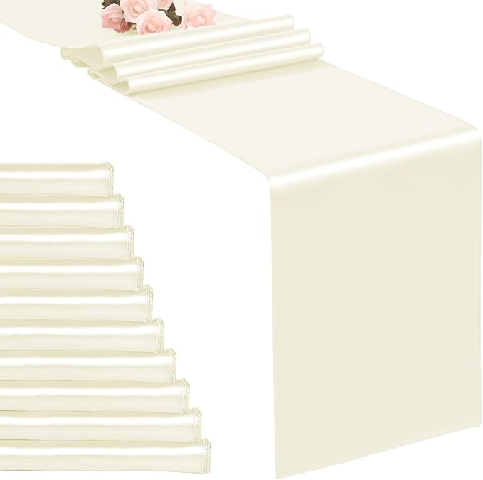 10-Pack Ivory 12 x 108 inches Long Premium Satin Table Runner | Wedding by REWOMC