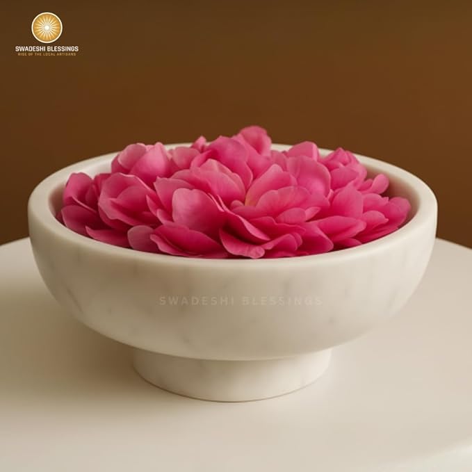 SWADESHI BLESSINGS Handcrafted Marble Fruit Bowl for Kitchen Counter, Large Decorative Bowl for Home Decor, Key Bowl for Entryway Table, Marble Pedestal Bowl for Dining Table Centerpiece Decor, 10.5”