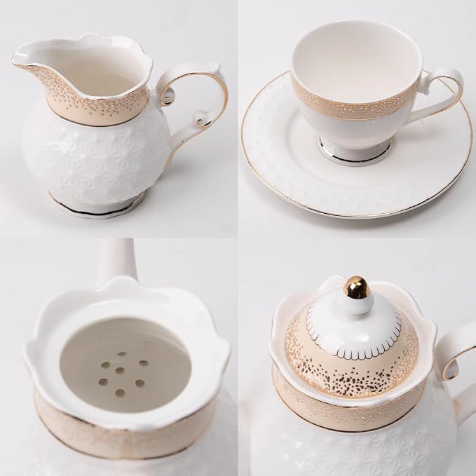Sweejar 21 Pieces Porcelain Tea Set, Vintage Gold Trimmed Teapot Cup and Saucer - Image 5