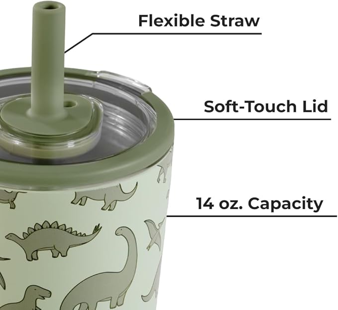 HydroJug Everyday Tumbler 14 oz – Ceramic-Lined Insulated Tumbler with Straw and Soft-Touch Lid, Cup Holder Friendly, Double-Wall Vacuum Insulation, Reusable Travel Cup – Dinosaur