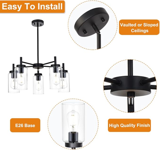 VINLUZ 5 Light Contemporary Chandeliers Black Modern Lighting Fixtures Hanging,Industrial Vintage Pendant Lights with Clear Glass Shade Flush Mount Ceiling Light for Dining Room Bedroom