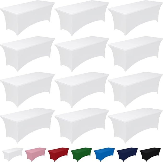 Pureegg Spandex Tablecloth 6ft - 12 Pack, Fitted and Tight Cloth for Rectangle Table, Wrinkle-Free and Stretch Table Cover for Party, Wedding, Banquet and Birthday, White