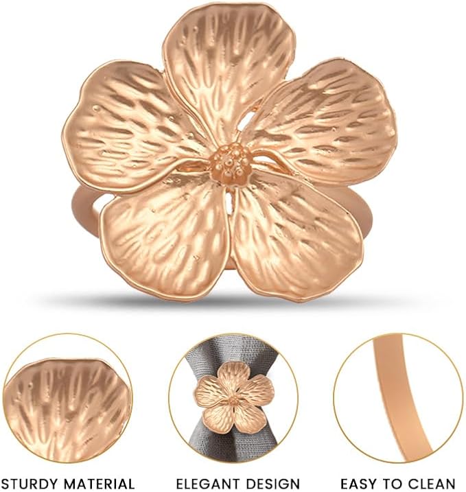 Decozen Set of 4 Gold Napkin Rings in Floral Design, Festive, Table Decor Setting for Holiday, Wedding, Birthday, Kitchen, Home Decor, Housewarming Gift - Mothers Day Decorations