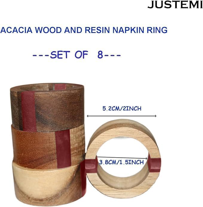 Wooden Napkin Rings Set of 8 for Christmas Dinning Table Decor - Acacia Wood Resin Napkin Holder Napkin Ring for Home and Kitchen Décor (Red Round Shape)