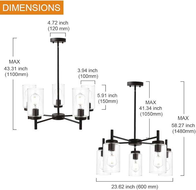 VINLUZ Contemporary 5-Light Large Chandeliers Oil Rubbed Bronze Modern Lighting Fixtures Hanging Clear Glass Shades Pendant Lighting for Dining Room Living Room Kitchen