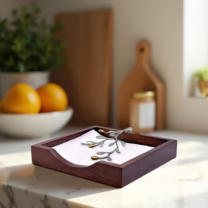 Napkin Holder - Solid Wood Brown Finish Home Decor & Kitchen Decor Table Countertop Serviette & Tissue Holder with Metal Ornament Arm in Silver Gold Finish - Indoor and Outdoor Use - Leaves Design
