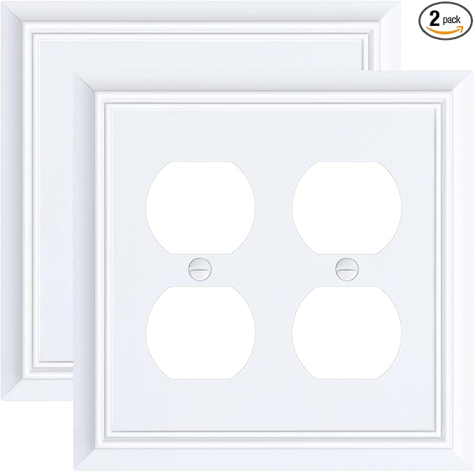 2-Pack Double Duplex Outlet Cover, Pure White Decorative Switch Plates and Outlet Covers for Electrical Outlets, Durable Natural Bamboo Fiber Wall Plates, 2 Gang Receptacle Cover