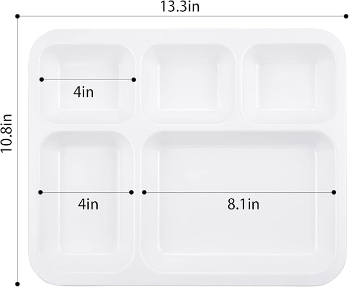 Divided Plates Melamine 5-Compartment White Serving Tray, 13.3 x 10.83 inches, 3 PCS, PFW-1331083-03