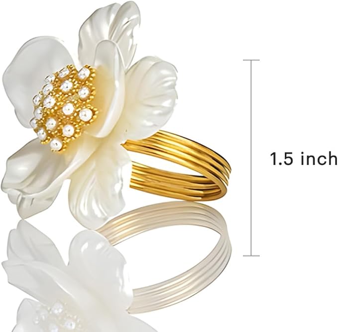 Decozen Set of 4 White Gold Napkin Rings in Floral Design, Festive, Table Decor Setting for Holiday, Wedding, Birthday, Kitchen, Home Decor, Housewarming Gift - Mothers Day Decorations