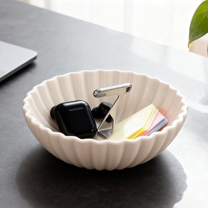 Large White Fluted Decorative Bowl – Modern Ruffle Bowl for Living Room, Kitchen, Entryway & Coffee Table Décor | Functional Decorative Bowl for Keys, Fruit, Storage for Home