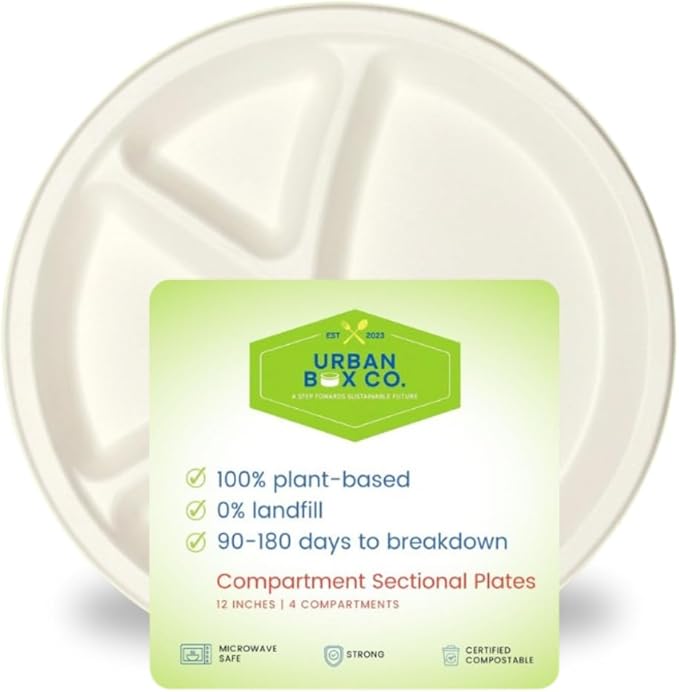 Urban Box Co. 12-Inch 4-Compartment Compostable Plates, Heavy-Duty Eco-Friendly Sugarcane Fiber, Biodegradable & PFAS-Free, BPI-Certified, Compostable Dinner Plates, 150 Pack
