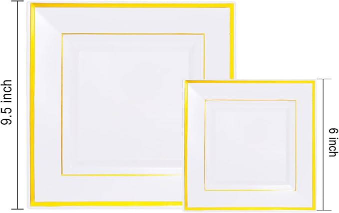 Liacere 100PCS White and Gold Square Plastic Plates-50PCS Heavy Duty 9.5inch White Dinner Plates and 50PCS 6inch White Dessert Plates - Gold Plastic Plates for Party & Christmas & New Year