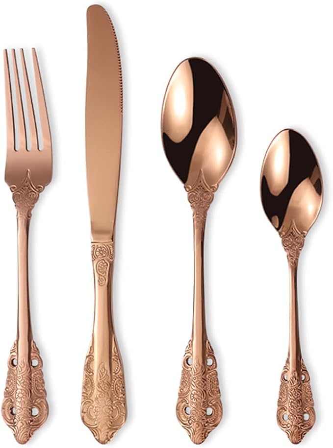 Vintage Rose Gold Silverware Flatware Set for 12, European Classic Style 48 Pieces Stainless Steel Tableware Cutlery Set,Fine Kitchen Utensils for Wedding Restaurant Hotel Christmas