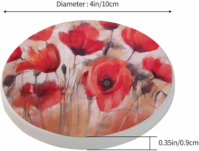 Poppy Flowers Cup Coasters Set of 2 Watercolor Oil Painting Style Beautiful Blossom Wooden Table Apartment Decor 100% Diatomite for Drinking Glasses,4 Inches