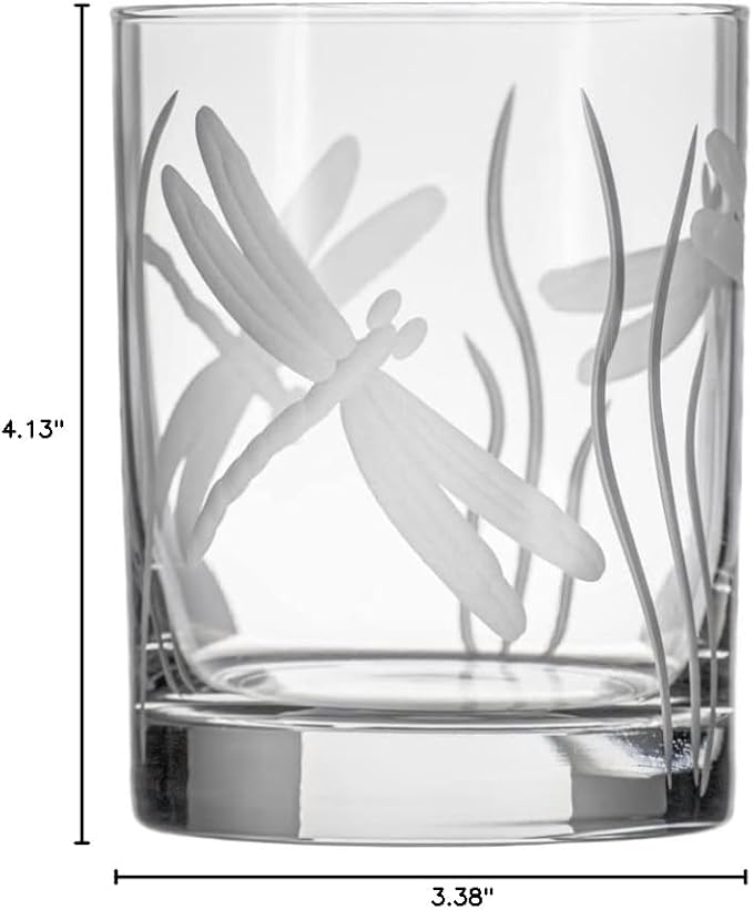 Rolf Glass Dragonfly Double Old Fashioned Glass | 13oz Whiskey Glass | Set of 4 | Lead-Free Etched Glassware | Proudly Made in the USA