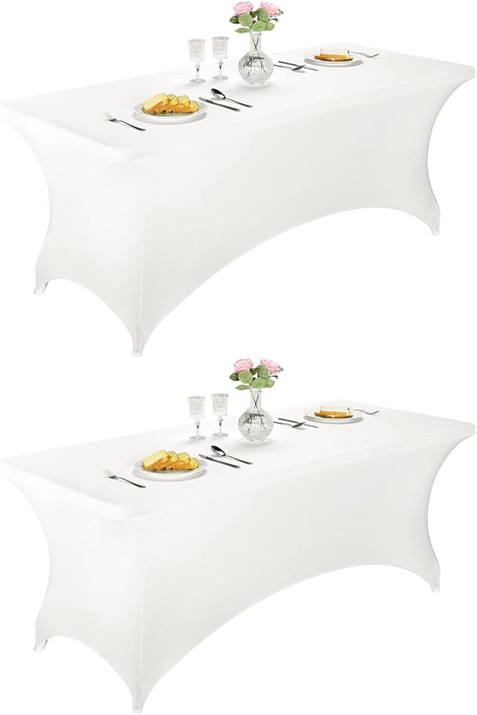 LZY Spandex Table Covers 6 Feet, Stretch/Fitted Table Covers for 6 Feet Folding Table, Rectangular Spandex Table Cloths for Wedding Party or Event (6FT-2PCS, White)