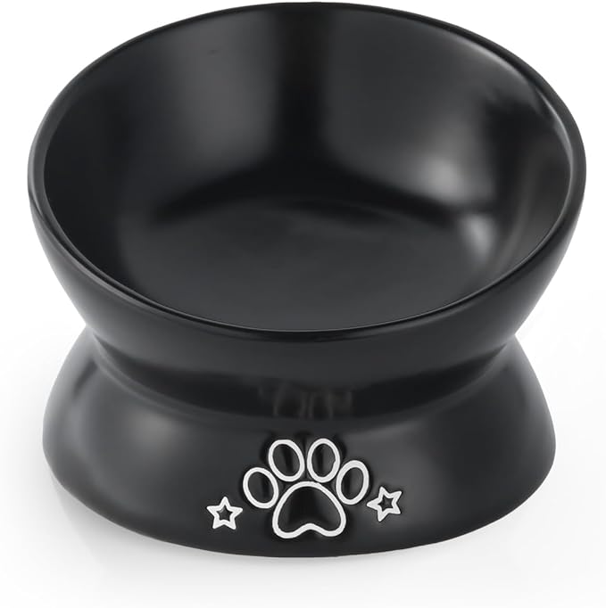 LoeJan Elevated Cat Food Bowl, 5 Oz Ceramic Raised and Tilted Water Bowl, Anti Vomiting and Protect Pets' Spines Dishes for Small Dog, Fat Faced Cat, Kitten (Black Pattern, 1 Pack)