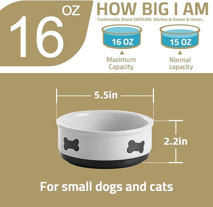 Sweejar Ceramic Dog Bowls with Bone Pattern, Dog Food Dish for Small Dogs, Porcelain Pet Bowl for Water 16 Fl Oz (Gray)