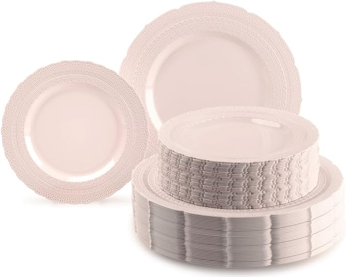 " OCCASIONS " 120 Plates Pack,(60 Guests) Extra Heavyweight Vintage Wedding Disposable/Reusable Plastic Plates 60x11'' Dinner+60 x 8.25'' Salad/Dessert Plate (Chateau Blush Pink)