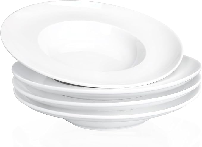 Pasta Plates with Rim 6.8 oz, Soup Bowl Pasta Bowl Set of 4, White Shallow Bowl Plate, Ceramic Wide Rimmed Soup Bowl, Best choice for high-end restaurants, hotels, and foodies, 9.2 Inch