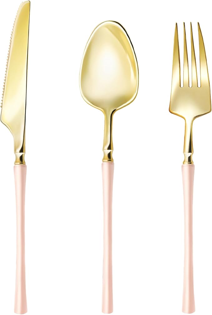 Lullaby 150pcs Gold Plastic Silverware, High End Disposable Cutlery with Pink Handle Include 50 Forks, 50 Spoons, 50 Knives, Perfect for Birthdays, Parties, Weddings, and More