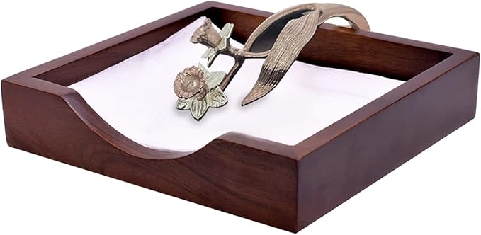 Napkin Holder - Solid Wood Brown Finish Home Decor & Kitchen Decor Table Countertop Serviette & Tissue Holder with Metal Ornament Arm in Rose Gold Finish - Indoor and Outdoor Use - Floral Design