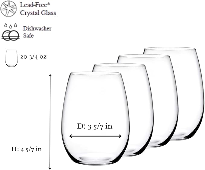 NUDE Pure Set of 4, Bordeaux Wine Stemless Glasses 20.75 oz, |Smooth Rim|, Clear Glass Wine Tumbler, Ideal for Cocktails & Perfect for Homes & Bars
