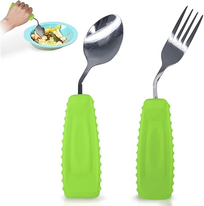 Adaptive Utensils for Hand Tremors,Arthritis and Parkinsons -Weighted Silverware with Non-Slip Handle to Easy Grip,Eating Flatware for Elderly Use (Left Hand 1 pc Fork+1 pc Spoon=2 pcs,Green)