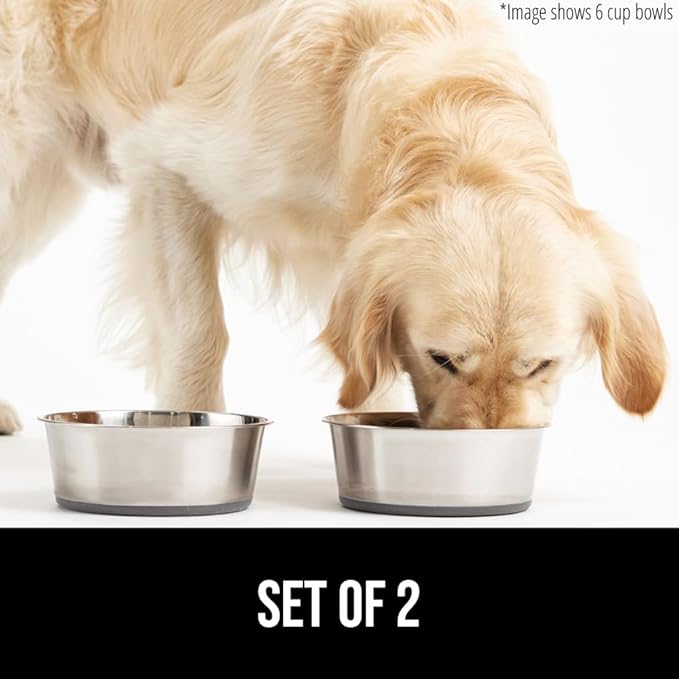 GORILLA GRIP Dog Bowls, Holds 4 Cups Each (32 fl oz), Heavy Duty Stainless Steel Food and Water Bowl for Feeding Dogs and Cats, Dishwasher Safe, Rust Resistant, BPA Free Rubber Base, Set of 2 Gray